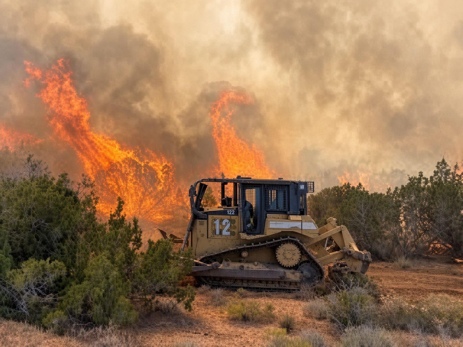 Heavy equipment operating near an active wildfire